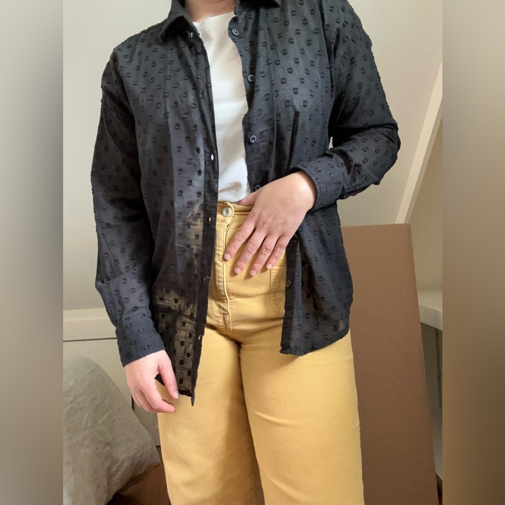 Lady and the Sailor Sheer Black Swiss Dot Button Down Shirt with Pockets